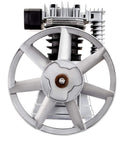 Front view of aluminum air compressor pump head with a large flywheel and cooling fins