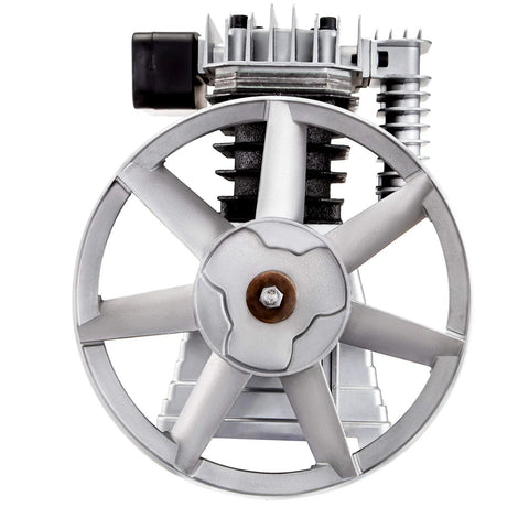 Front view of aluminum air compressor pump head with a large flywheel and cooling fins