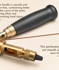 Close-up of Slick Adjustable Leather Hole Punch With Solid Wood Handle Awl highlighting the smooth handle and burr-free perforations.