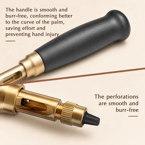 Close-up of Slick Adjustable Leather Hole Punch With Solid Wood Handle Awl highlighting the smooth handle and burr-free perforations.