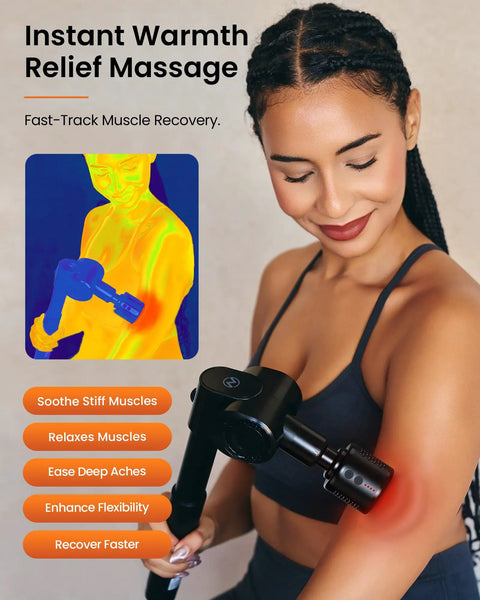 Woman using Heat And Cold Therapy Massage Gun With Deep Tissue Percussion For Muscle And Neck Pain Relief on her arm, smiling.