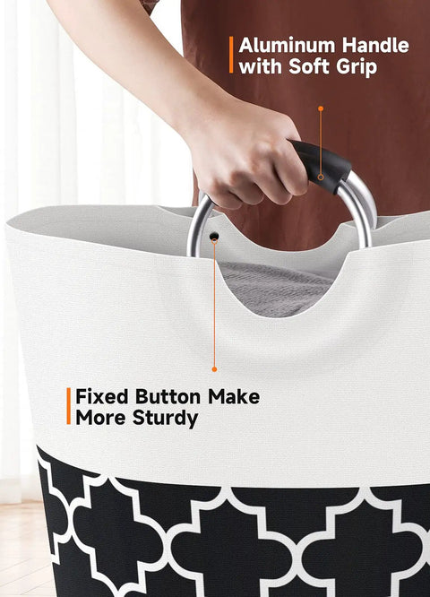 Close-up of Tall Collapsible Laundry Basket With Soft Grip Aluminum Handles, 115L Waterproof Hamper For Dorm And Travel, Black Design