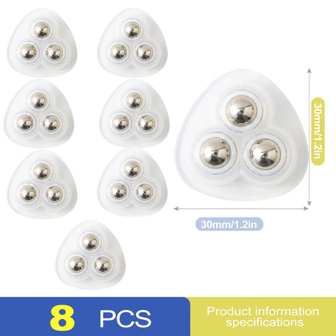 Eight Piece Self Adhesive Caster Wheels 360 Degree Swivel Mini Rollers For Kitchen Countertops Small Appliances White Peel And Stick Zero Sweat Install Superior Glide Performance set displayed in a triangular shape.