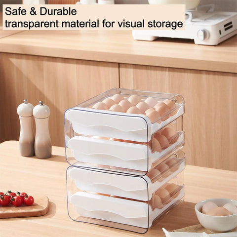 Large Capacity Egg Storage Box For Refrigerator With 2 Drawers, Clear Plastic Egg Holder Keeps Up To 32 Eggs Fresh In Fridge
