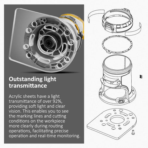 Transparent router base with diagrams highlighting Replacement Sub Base Clamp A27941 For DeWalt DWP611 DCW600 450PK Routers
