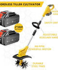 21V Cordless Tiller Cultivator With Two 3.0Ah Batteries And Fast Charger 9 Inch Tilling Width Battery Powered Rototiller