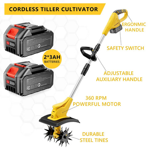 21V Cordless Tiller Cultivator With Two 3.0Ah Batteries And Fast Charger 9 Inch Tilling Width Battery Powered Rototiller