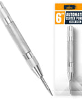 Top Tier 6 Inch Automatic Center Punch Featuring Heavy Duty Spring Loaded Action And Tough Steel Tip For Dead Nuts Accurate Drill Markings On Metal Wood And Concrete, showcased in chrome finish.
