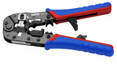 RJ45 Western Plug Crimping Pliers, 7 And A Half Inch, 8P8C Pro Grade Network Tool in red and blue shown from side view
