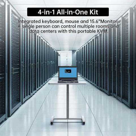 Heavy Duty Portable Kvm Console And Slick Crash Cart Featuring 15.6 Inch 4K Lcd Screen And Built In Battery for controlling servers.