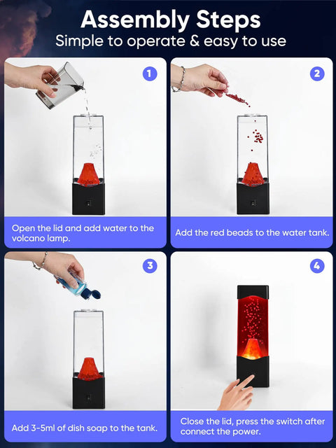 USB Powered Volcano Night Light assembly steps showing water, red beads, soap, and final glowing lamp.