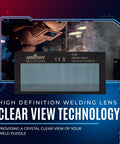 Auto Darkening 2x4 Welding Lens Shade 11 With HD Clarity Gold Edition in front of welder using pancake shield