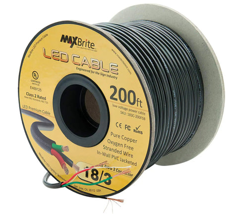 Dope 200 Ft 18AWG Low Voltage LED Cable Three Conductor Black Jacket spool with visible copper strands and UL Class 2 Certification