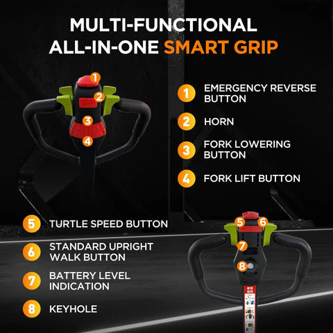 Multi-functional smart grip of Heavy Duty 4400 Lbs Full Electric Pallet Jack Truck, featuring control buttons for performance.