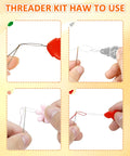 Demonstration of different threaders from Ultimate 24 Piece Needle Threaders Kit For Hand Sewing Embroidery And Machines With Clear Storage Box Includes 6 Gourd Shaped 6 Thumb Shaped 6 Aluminum Machine Threaders And 6 Petal Shaped Threaders For Easy Threading From FIVEIZERO in use