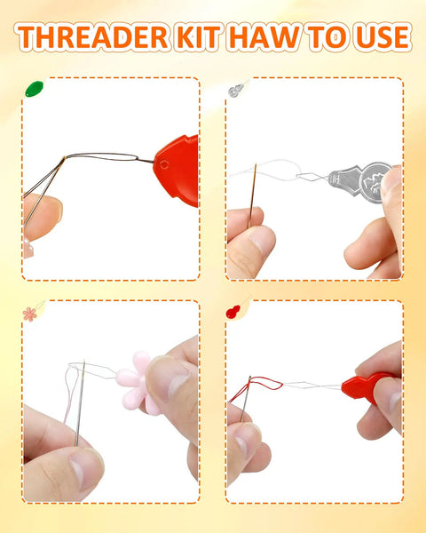 Demonstration of different threaders from Ultimate 24 Piece Needle Threaders Kit For Hand Sewing Embroidery And Machines With Clear Storage Box Includes 6 Gourd Shaped 6 Thumb Shaped 6 Aluminum Machine Threaders And 6 Petal Shaped Threaders For Easy Threading From FIVEIZERO in use