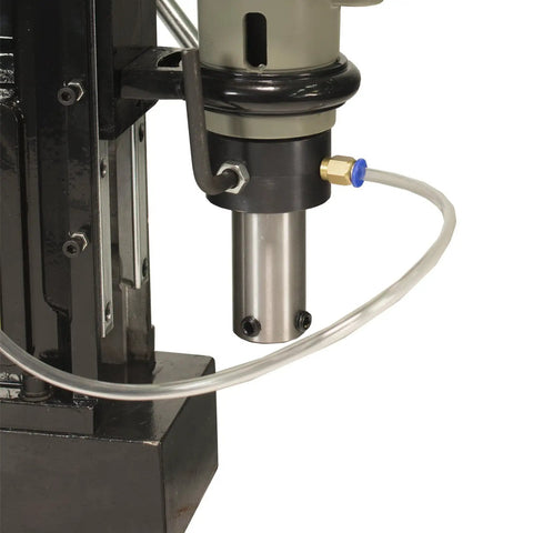 Heavy Duty Magnetic Drill Press Equipped With 13 Piece Annular Cutter Kit 1850 Watt showing the drill mechanism and cooling line.