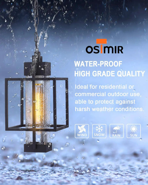 Outdoor Pendant Light 16 Inch One Light Black Hanging Porch Chandelier with Bubble Glass showcased in rain.