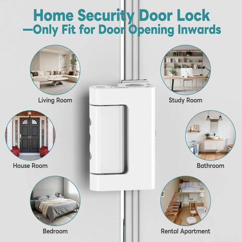 Rock Solid Door Reinforcement Security Lock For Inward Opening Doors Heavy Duty Aluminum Bombproof Kick Latch displayed on a wall with rooms labeled.