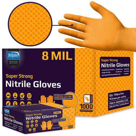 Front view: Inspire orange nitrile gloves, 8 mil heavy-duty, diamond-textured grip, box of 1000