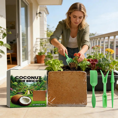 Woman gardening with Pro Grade Compressed Coir Potting Soil For Indoor And Outdoor Plants With pH Balanced Blend Boosts Drainage