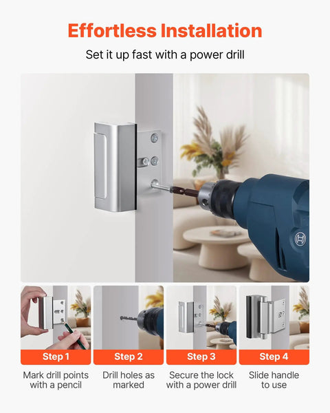 Kick Resistant Door Reinforcement Lock installation steps showing a power drill securing a heavy duty strike plate on a door.