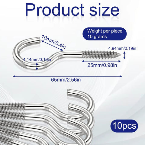 Ten Pack Tough As Nails 304 Stainless Steel Screw Eye Hooks Two Point Five Inch Heavy Duty Self Tapping Ceiling Rings dimensions and details