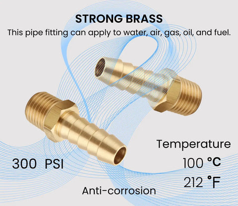 Three Eighths Inch Barb To One Quarter Inch NPT Male Brass Fittings Hose Barb Adapter For Water Gas Oil Fuel And Air Lines High Flow