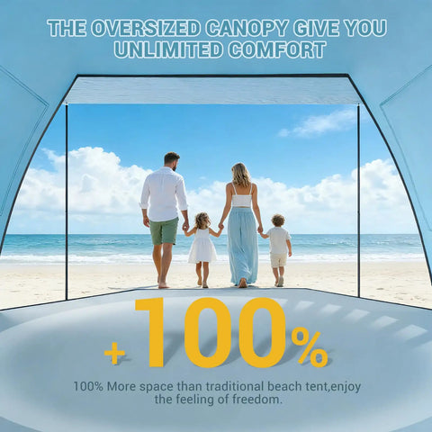 Family on beach under CumbreX Beach Tent Sun Shelter With Built In Canopy Pop Up 4 To 5 Person Beach Cabana Easy Setup UPF 50 Plus