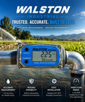 Three Quarter Inch Digital Water Meter Inline Flow Meter With Female NPT Threads To Track Water Usage In Gallons Quarts Pints And Liters Battery Powered By Two AAA Batteries Factory Calibrated For Water And Recalibratable. on pipe outdoors