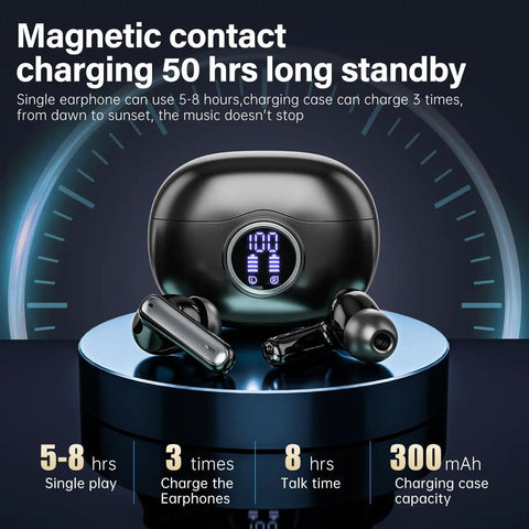 Wireless Earbuds With LED Power Display And 50 Hour Playtime Bluetooth 5.3 HiFi Stereo Earphones ENC Noise Cancellation IPX7 Waterproof Perfect For Gym Running And Workouts displayed with charging case and magnetic contact feature.