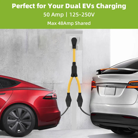 Kickass Heavy Duty 50 Amp NEMA 6-50P To Dual 6-50R Y Splitter Adapter Cord For Welders And EV Chargers charging two EVs.