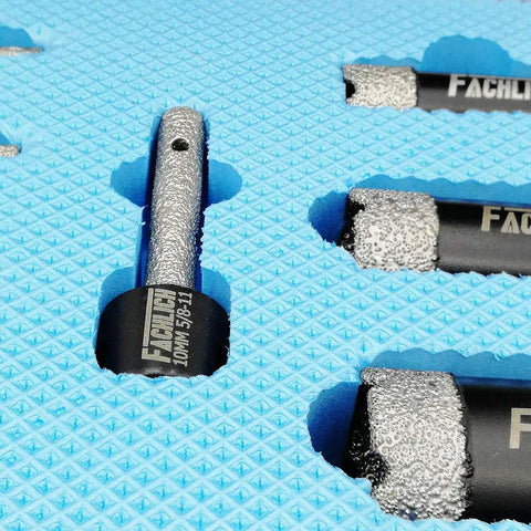 Diamond Core Drill Bit Set For Tiles And Stone - close-up of 8-piece kit showcasing 20mm bit on textured blue background