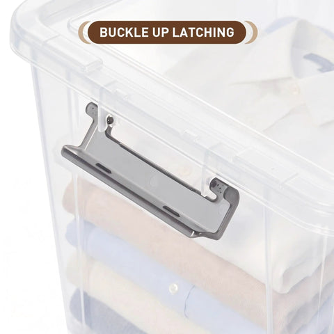 Close-up of 17 Quart Clear Plastic Storage Bins With Latching Lids, showing buckle latch and folded clothes inside.