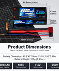 2S Shorty Lipo Battery 5000mAh 7.4V 100C Hard Case with dimensions and connectors displayed