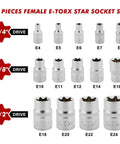 14-piece Heavy Duty Female E Torx Socket Set E4 to E24 includes 1/4, 3/8, 1/2 drives. Drop forged chrome vanadium steel.