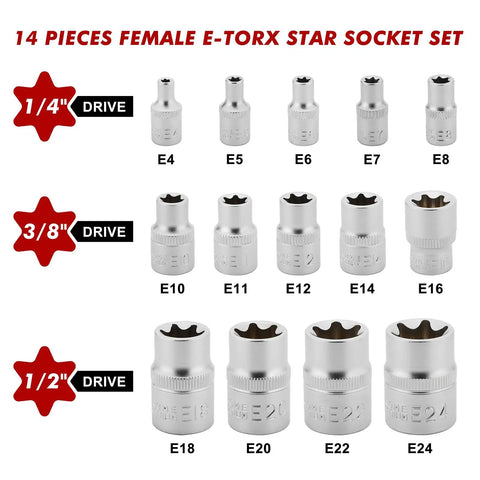 14-piece Heavy Duty Female E Torx Socket Set E4 to E24 includes 1/4, 3/8, 1/2 drives. Drop forged chrome vanadium steel.