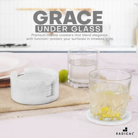 Set Of Six Round Marble Coasters With Secure Holder White Polished Stone For Kitchen Countertops Modern Minimalist Design, coasters displayed with drinks.