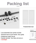 Packing list for 48 By 80 Inch Bifold Barn Door With 64 Inch Track Hardware Two Lite White Primed MDF Panels One And Three Eighths Inch Thick Solid Core Sound Insulated Pre Drilled Space Saving Sliding Door For Laundry Room Or Bedroom