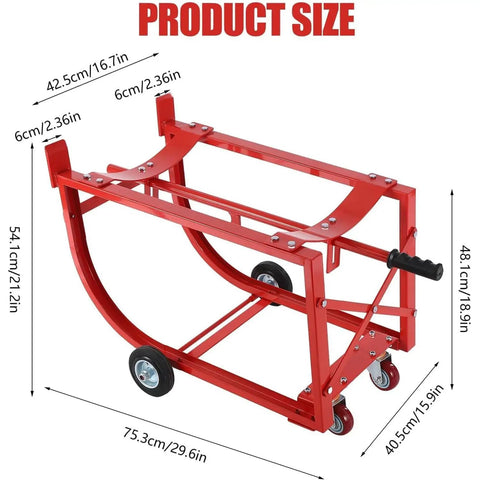Heavy Duty Rolling Drum Cradle With Ride Like Butter Wheels And Ergo Grip Handle 600 Lb Capacity Steel Barrel Cart For 55 Gallon Barrels size dimensions.