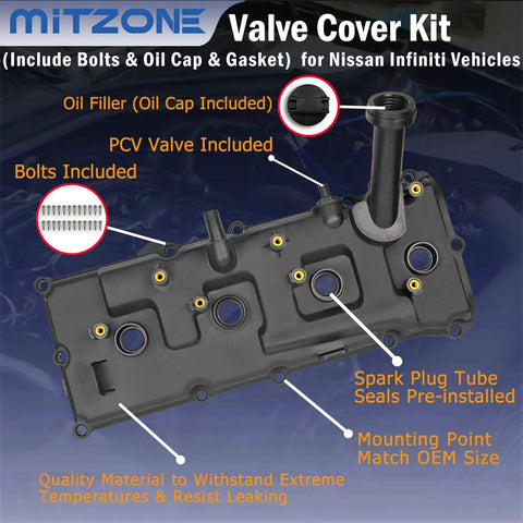 Nissan Armada Infiniti QX56 5.6L Beefed Up Valve Cover Set With Bolts Oil Cap Gaskets Spark Plug Tube Seals PCV Valve Replacement Kit For 2004-2016 Models Ready To Install, showing labeled parts.