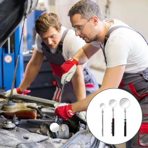 Mechanics using Three Pack Telescoping Inspection Mirror Extendable Mechanic Mirror With 360 Degree Rotatable Head Stainless Steel Round Inspection Tool