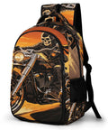 Sunset Rider Printed Unisex Backpack with motorcycle design, large capacity, durable polyester, breathable, smooth zipper.