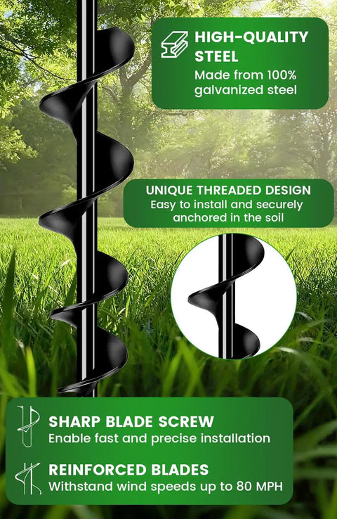 Heavy Duty Trampoline Ground Anchors 19 Inch Screw In Stakes for High Wind showing spiral blades and steel quality.