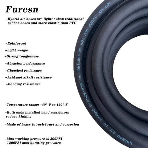 Heavy Duty Truck Tire Inflator Kit With 3/8 By 50 Ft Hybrid Air Hose, Glad Hand Connector And Air Chuck, Lightweight Kink Free Rig Line, 300 Psi Rating, Built Like Iron For Rough Haul Days, showing hybrid air hose with features.