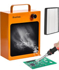 Heavy Duty HEPA Solder Fume Extractor Fan With Activated Carbon Double Filter, orange unit with smoke removal over circuit board.