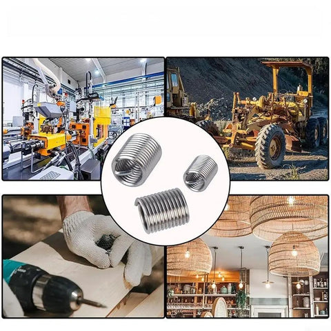 Heavy Duty 124-Piece 304 Stainless Steel Threaded Insert Kit With Cutting Slots for metal and plastic surfaces, shown in various settings