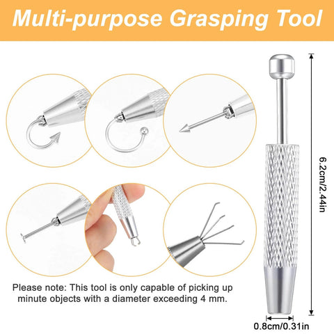 Close-up view of a multi-purpose grasping tool with aluminum handle, showcasing its different tip attachments for precision use.