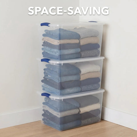 Hella Tough 66 Quart Clear Plastic Storage Bins With Secure Twist Latches And Smart Stack Design holding folded clothes in a stack.