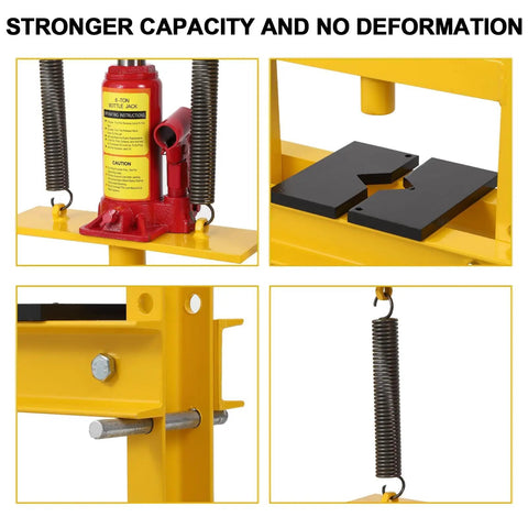 6 Ton Portable H Frame Hydraulic Press With Movable Plate And Overpressure Protection For Metalworking Auto Repair And DIY Projects Built For Pro Use And Home Workshops, yellow steel frame and spring details